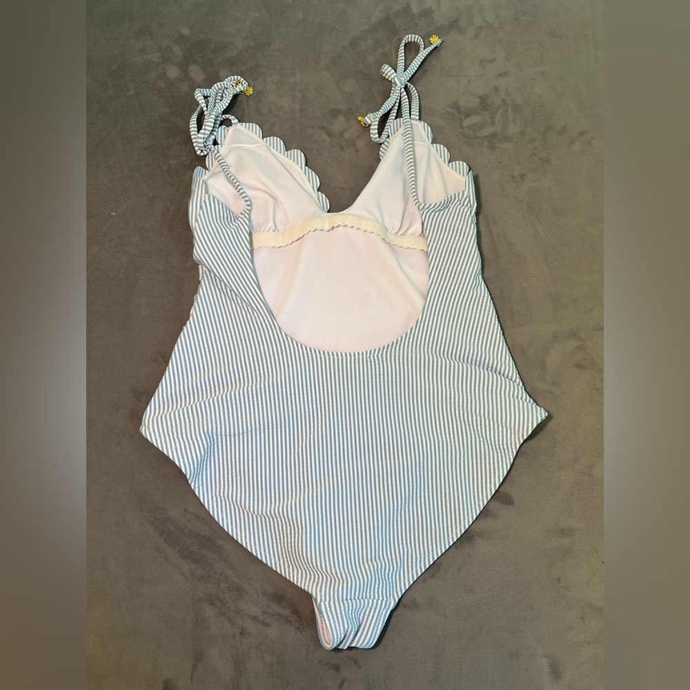 Jessica Simpson Under The Sea Scalloped Edge Stripped Halter One-Piece Swimsuit - Picture 9 of 15